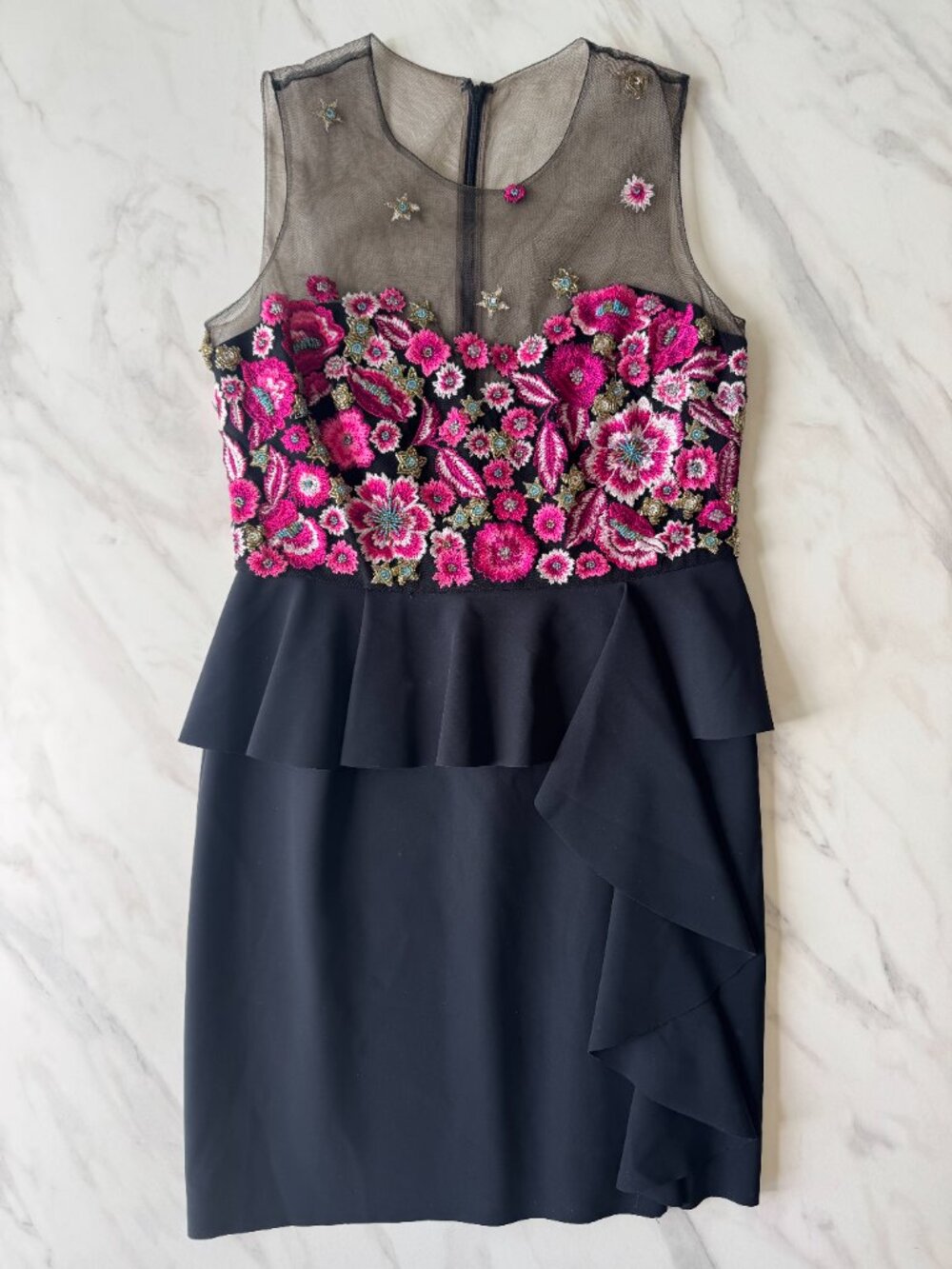 Marchesa NOTTE Embroidered Peplum Combo Dress | Black & Pink | Size 8